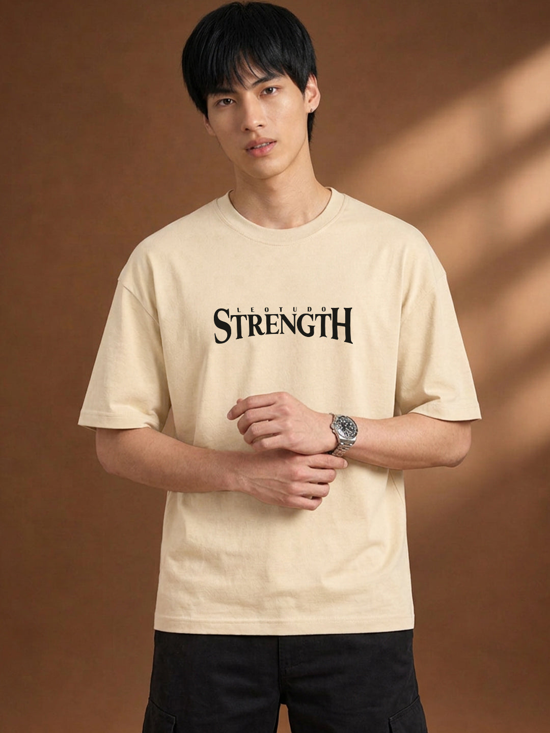 Leotude Men "Limitless Strength" Beige Oversized T-Shirt