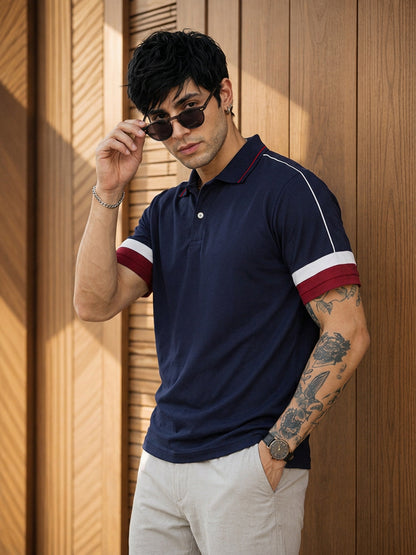 Leotude Men's Navy Blue Contrast Piping Polo T-Shirt