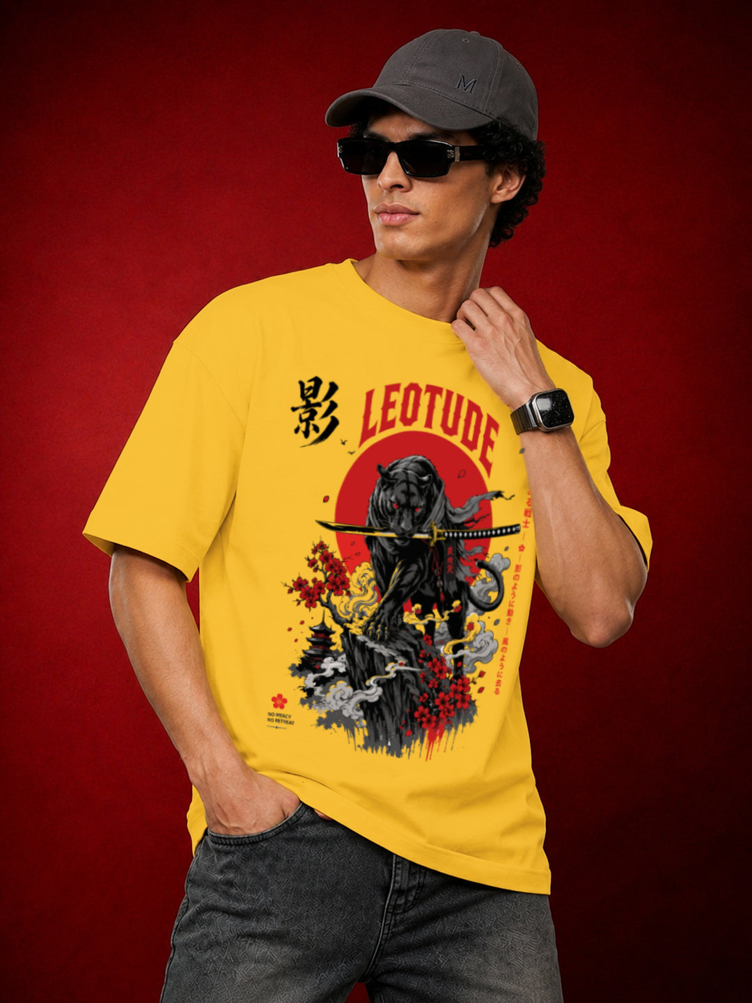 Leotude Men's Samurai Panther Printed T-Shirt — Yellow Oversized Graphic Tee