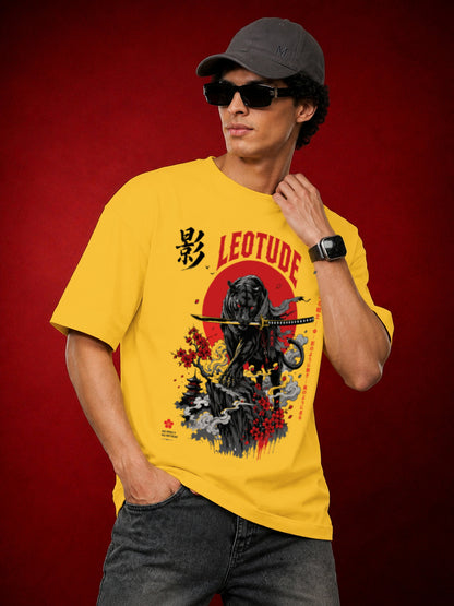 Leotude Men's Samurai Panther Printed T-Shirt — Yellow Oversized Graphic Tee