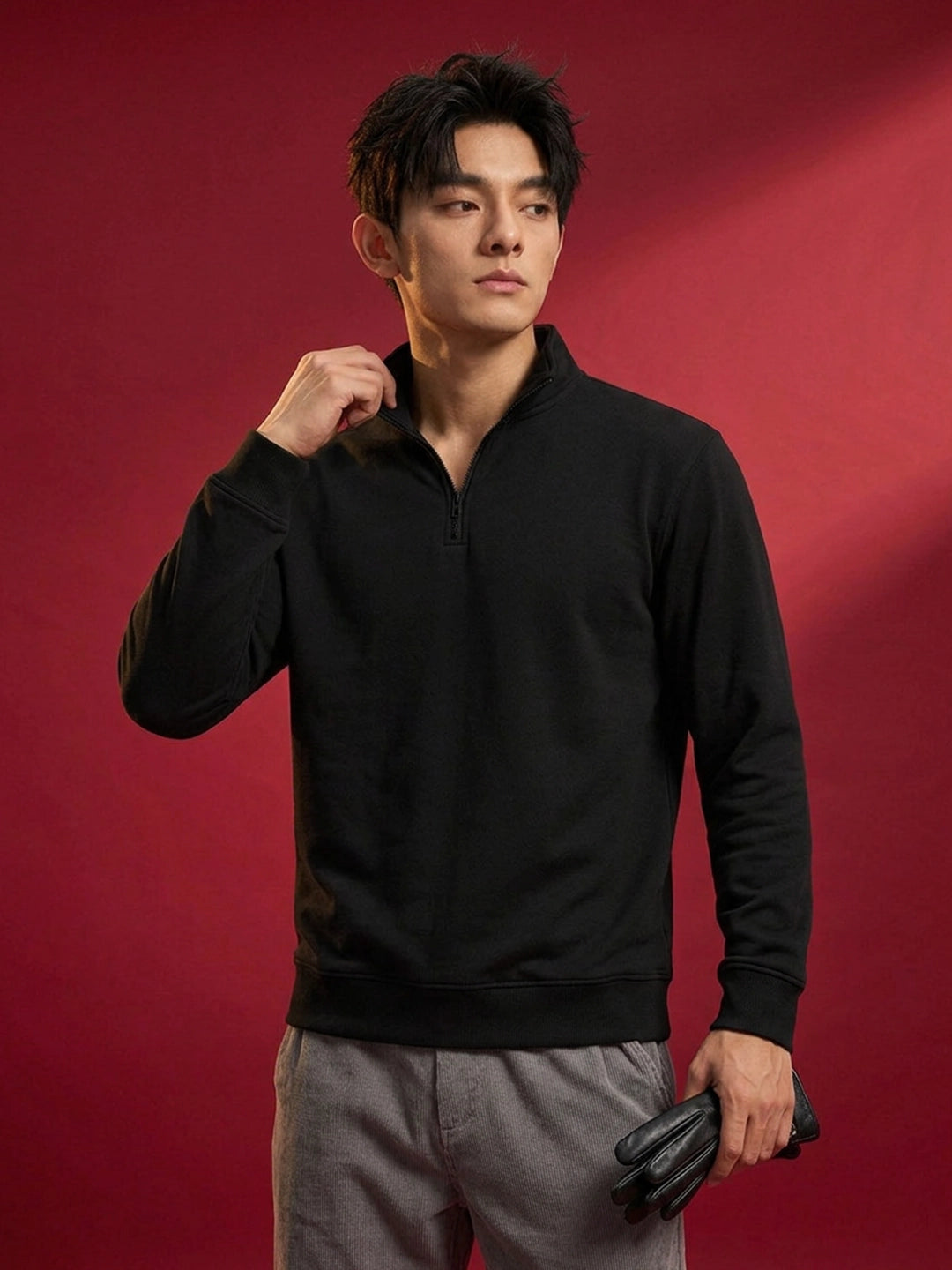 Leotude Black High Neck Half Zipper Sweatshirt for Men