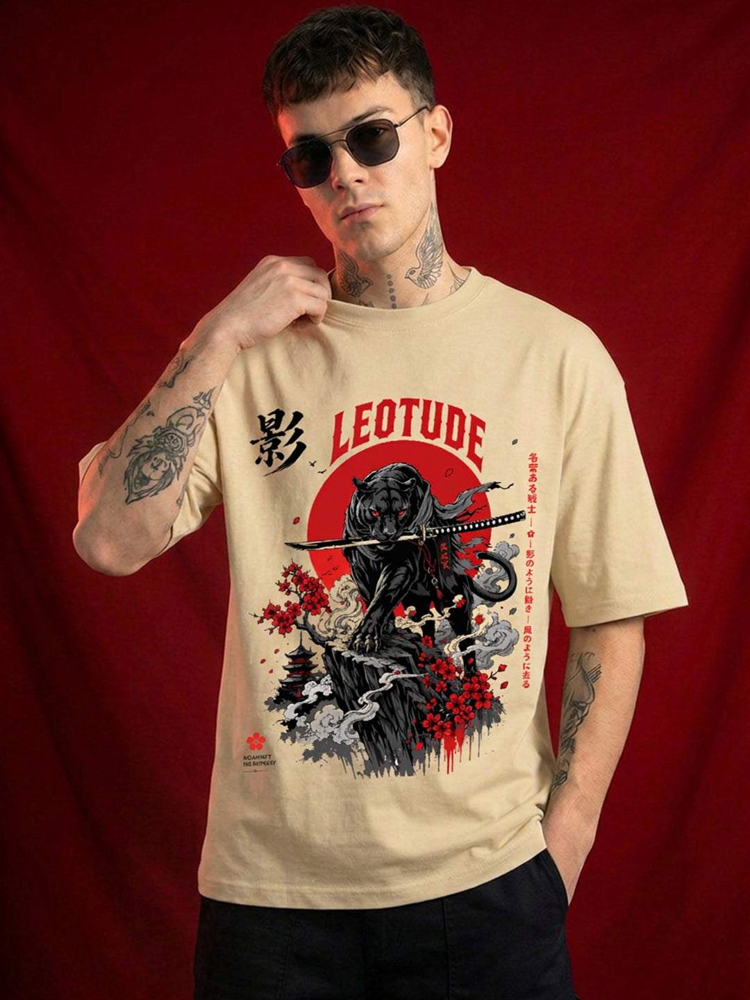 Leotude Men's Samurai Panther Printed T-Shirt — Beige Oversized Graphic Tee