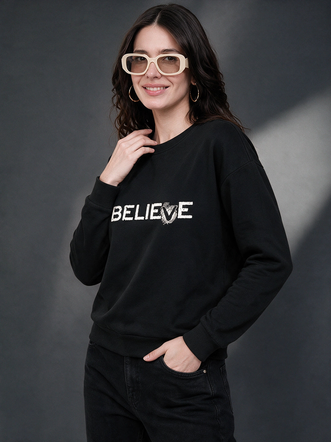 Leotude Women's Black Believe Sweatshirt