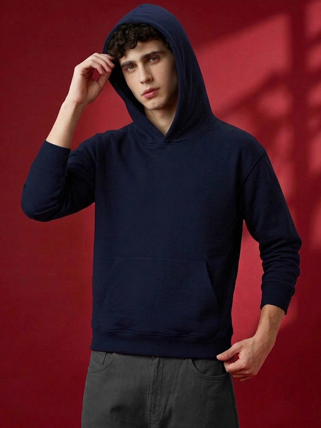 Leotude Navy Blue Solid Hooded Sweatshirt for Men