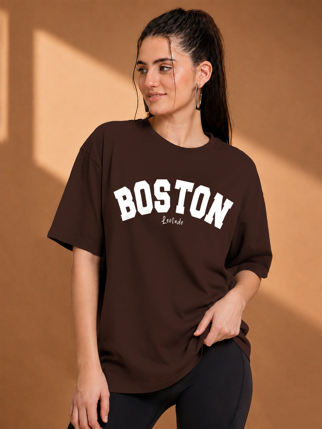 Leotude Brown Boston Printed Oversized Tshirt for Women