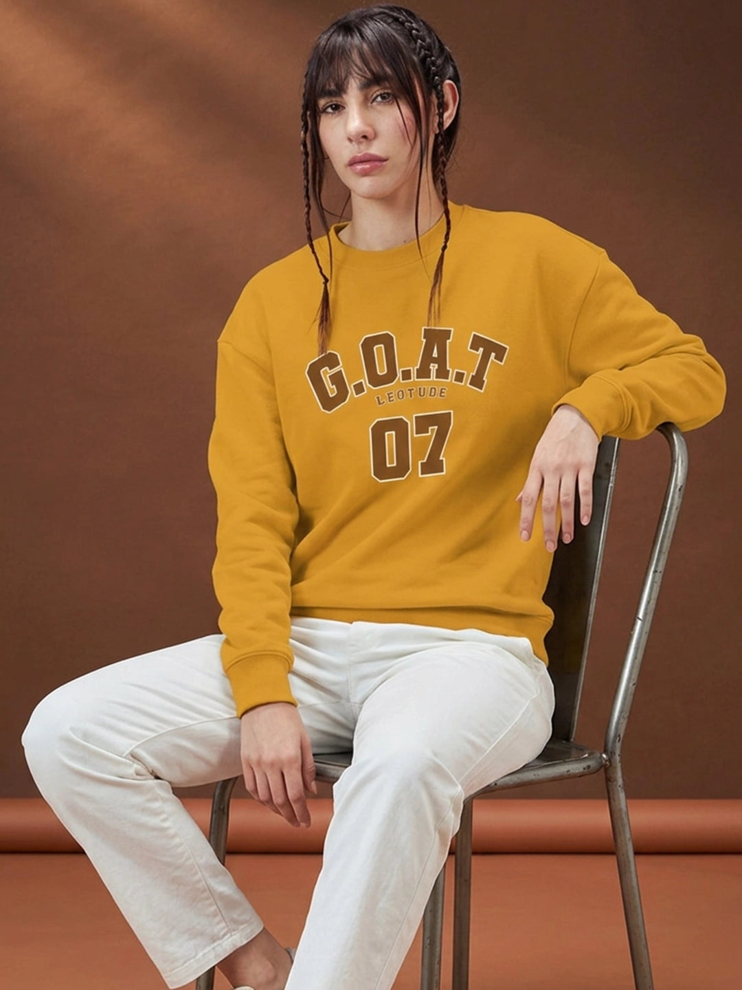 Leotude Women's Mustard Yellow G.O.A.T 07 Graphic Printed Sweatshirt