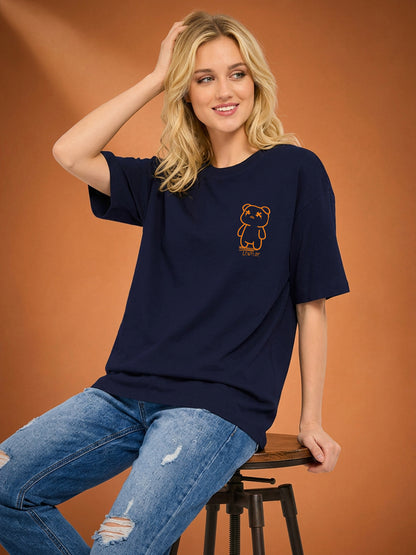 Leotude Navy Teddy Printed Oversized Tshirt for Women
