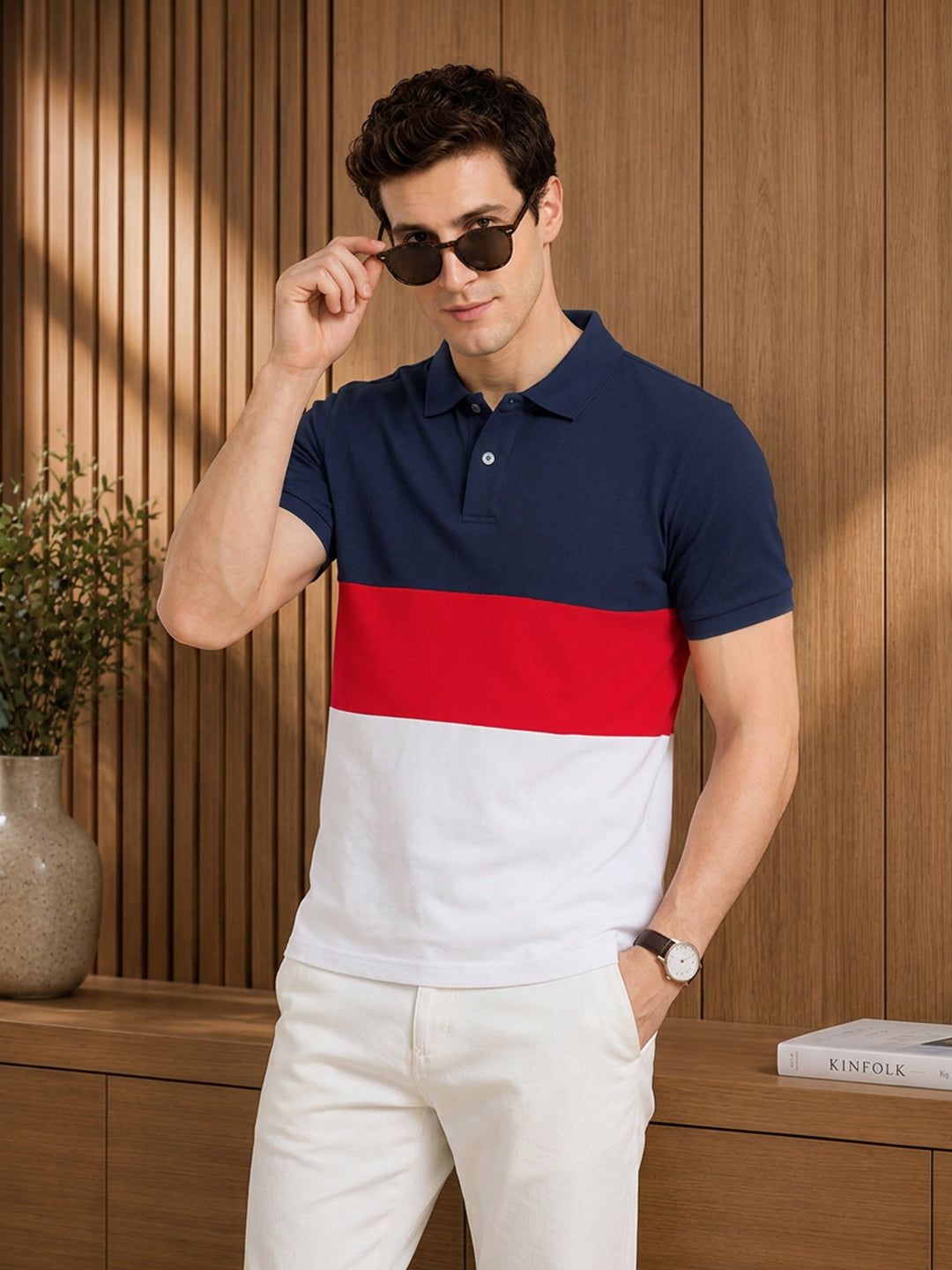 Leotude Men's Navy Red White Colour Block Polo T-Shirt
