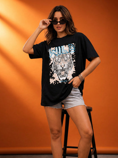 Leotude Black Wild Printed Oversized Tshirt for Women