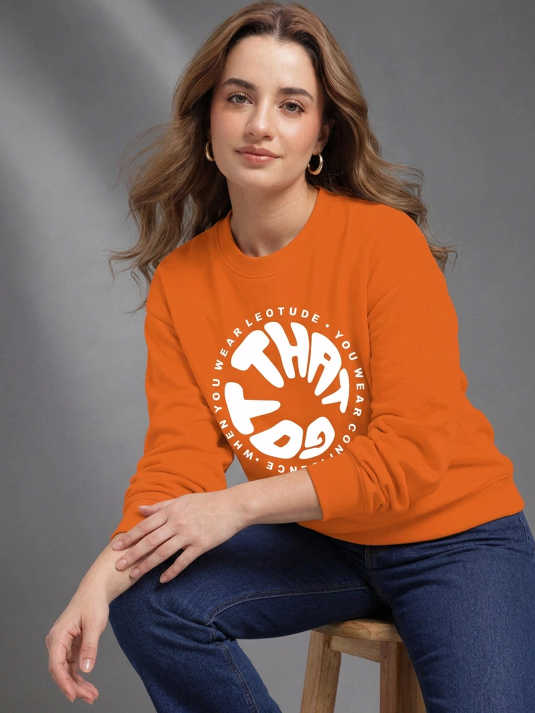 Leotude Women's Orange Graphic Printed Sweatshirt