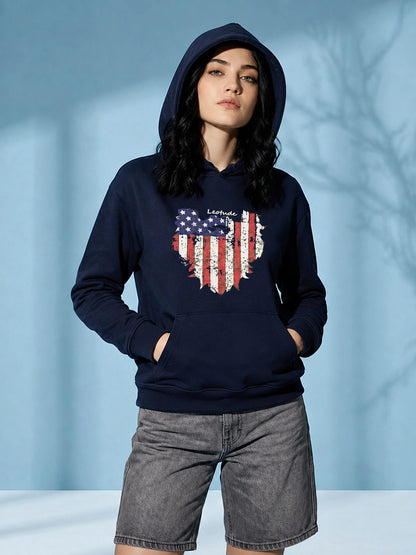 Leotude Women's Navy Blue American Flag Printed Hooded Sweatshirt