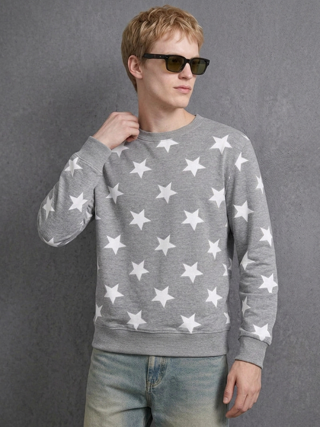 Leotude Men's Grey Melange All-Over Star Printed Sweatshirt