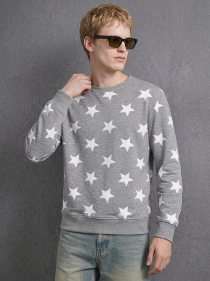 Leotude Men's Grey Melange All-Over Star Printed Sweatshirt
