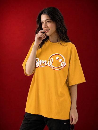 Leotude Mustard Smile Printed Oversized Tshirt for Women