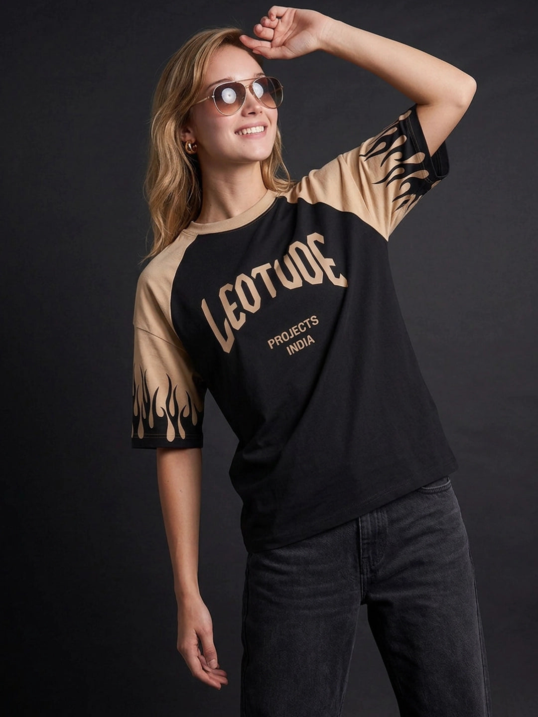 Leotude Women's Black Flame Raglan Oversized T-Shirt