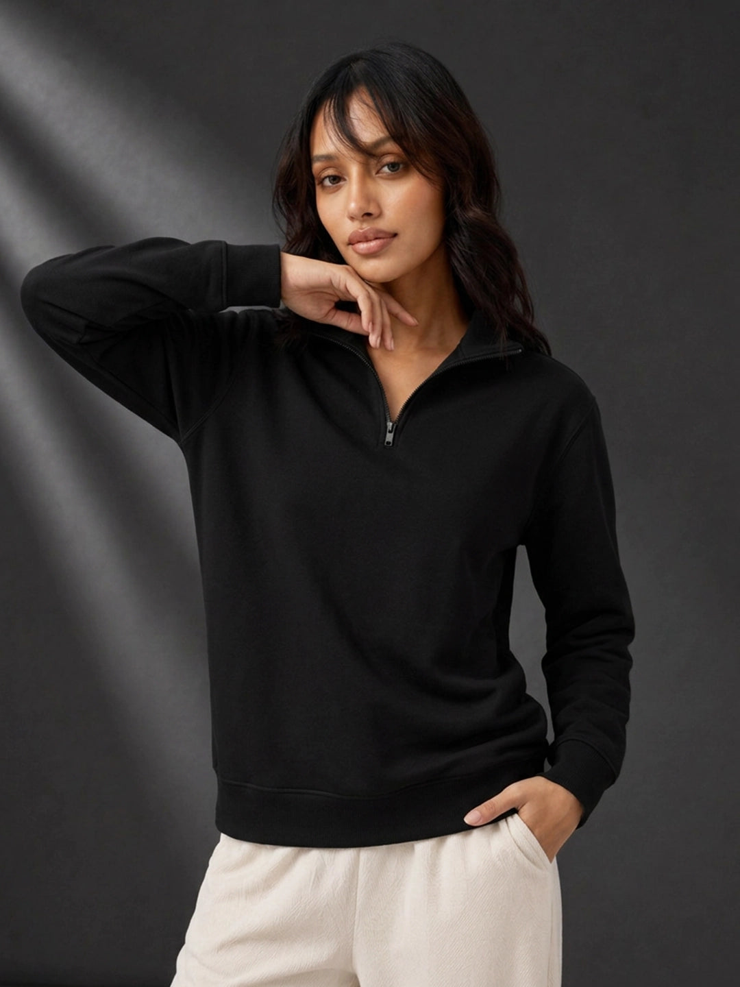 Leotude Women's Solid Black Half-Zip High Neck Sweatshirt