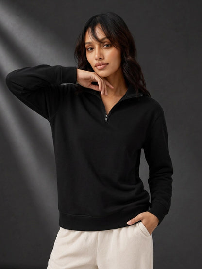 Leotude Women's Solid Black Half-Zip High Neck Sweatshirt