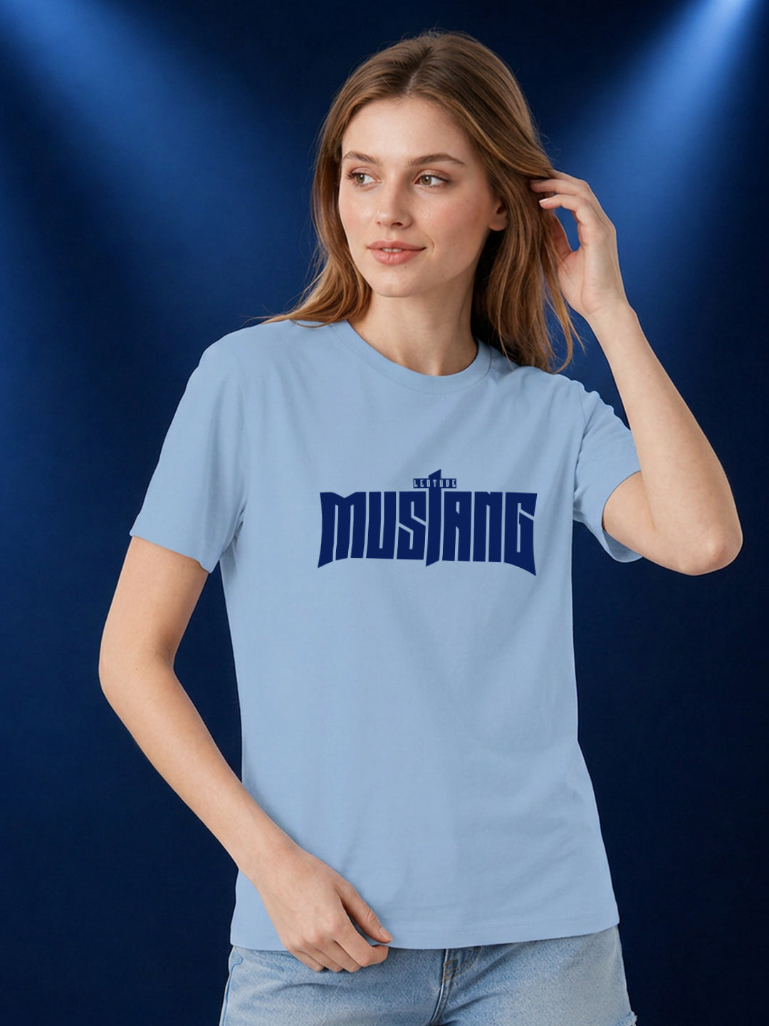 Leotude Women's Light Blue Mustang Printed T-Shirt