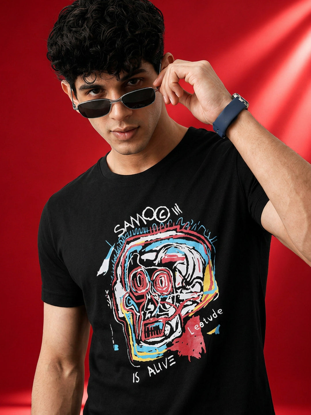Leotude Men's Black Skull Art Printed T-Shirt