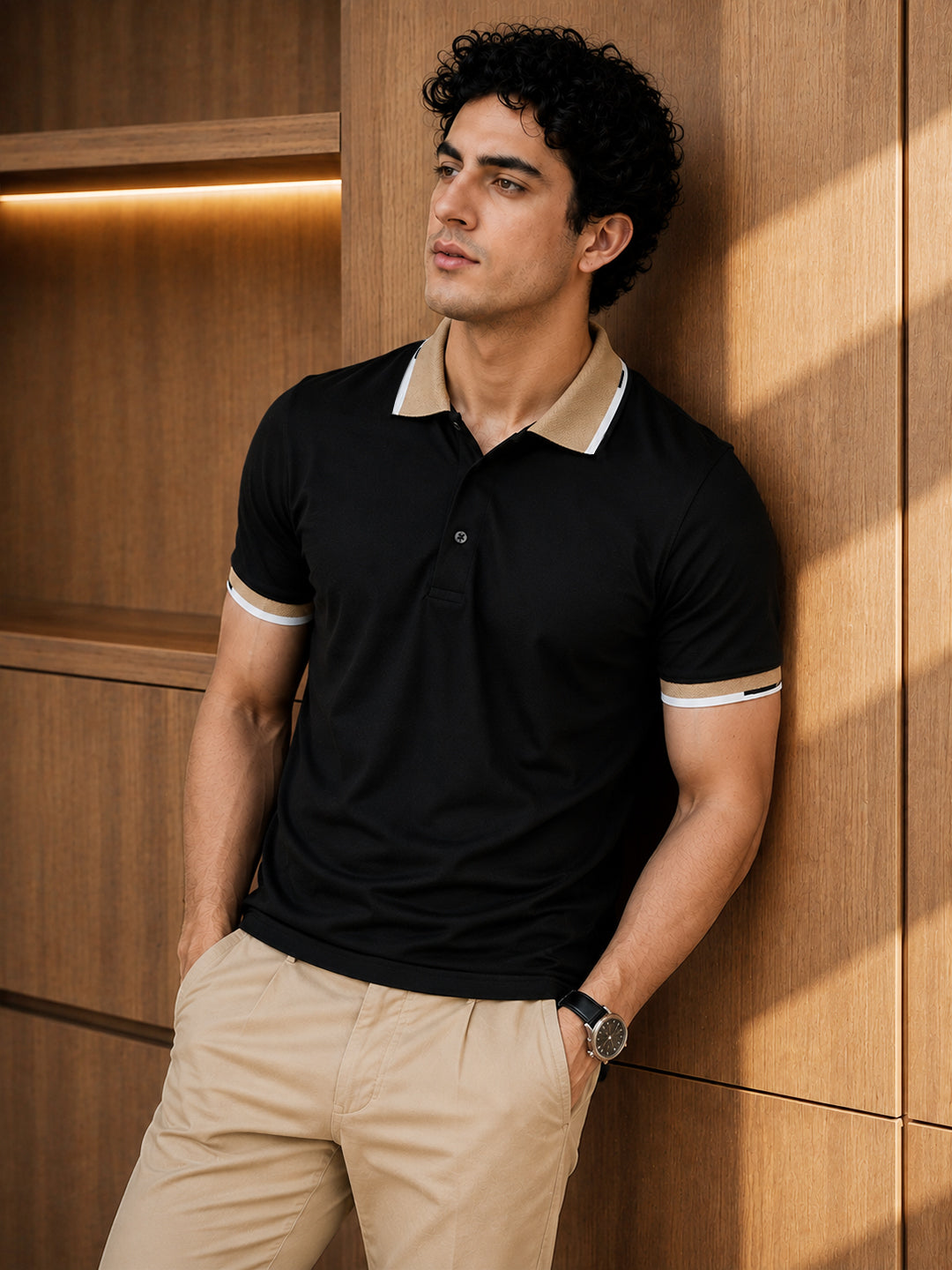 Leotude Men's Black Beige Contrast Tipped Polo T-Shirt