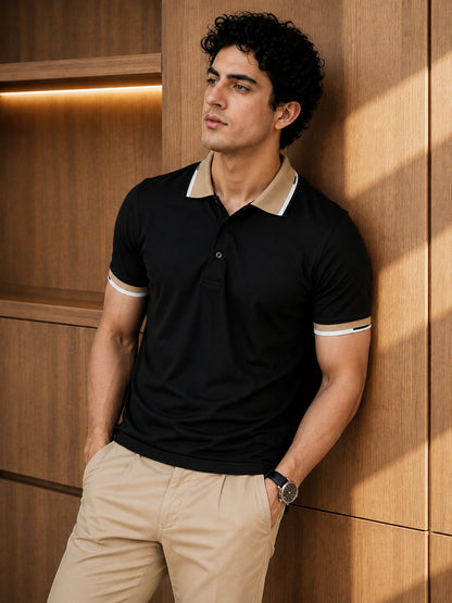 Leotude Men's Black Beige Contrast Tipped Polo T-Shirt
