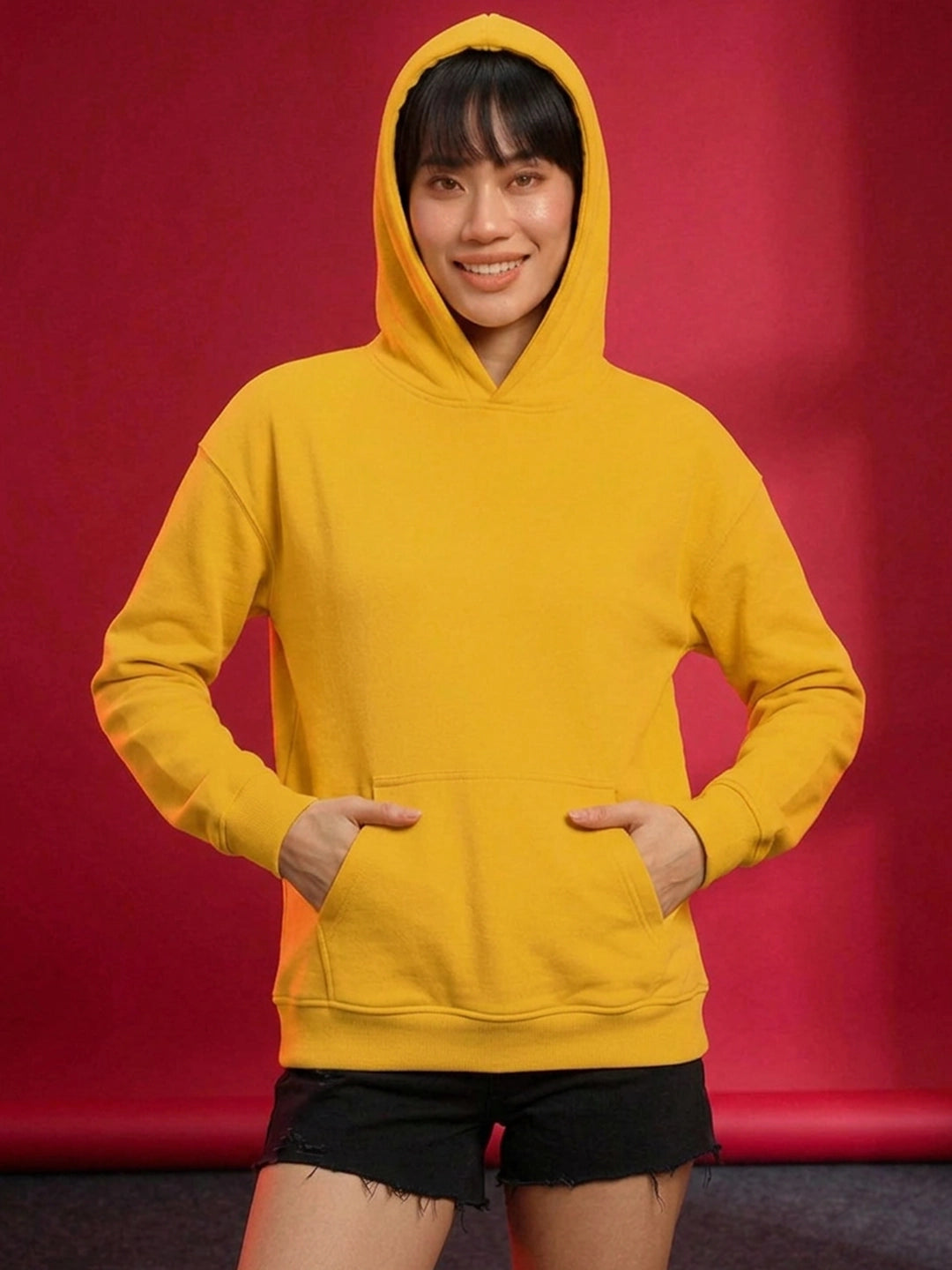 Leotude Women's Mustard Yellow Solid Hooded Sweatshirt