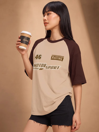 Leotude Women's Beige Motorsport Raglan Oversized T-Shirt