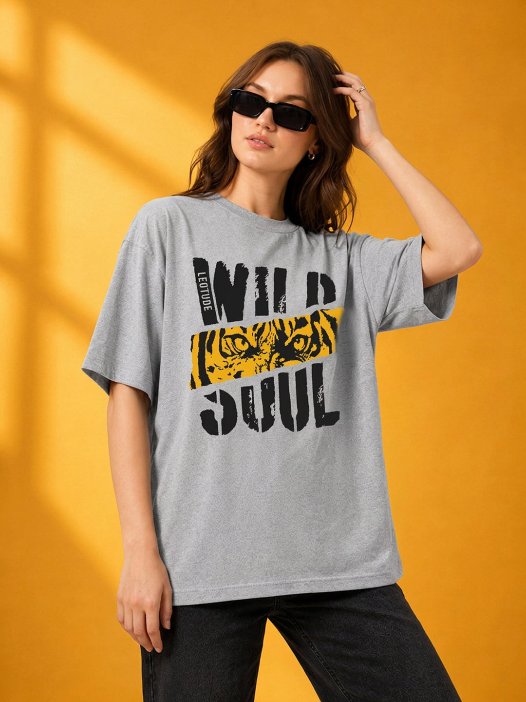 Leotude Grey Wild Soul Printed Oversized Tshirt for Women