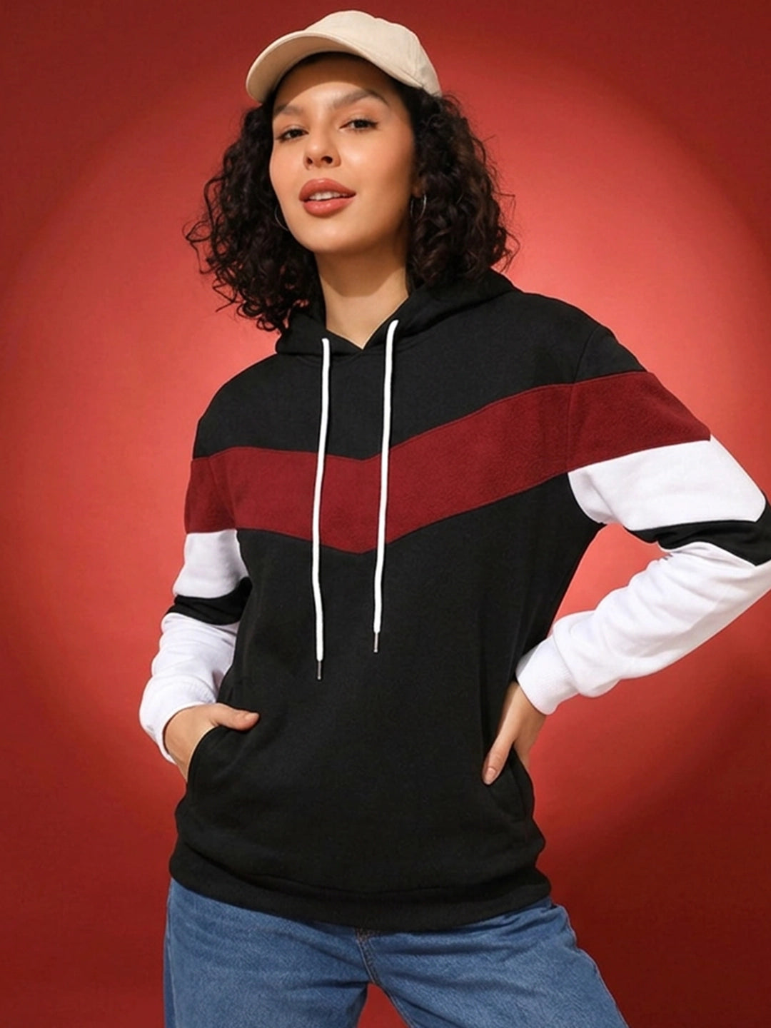 Leotude Women's Black, Maroon & White Colourblocked Hooded Sweatshirt