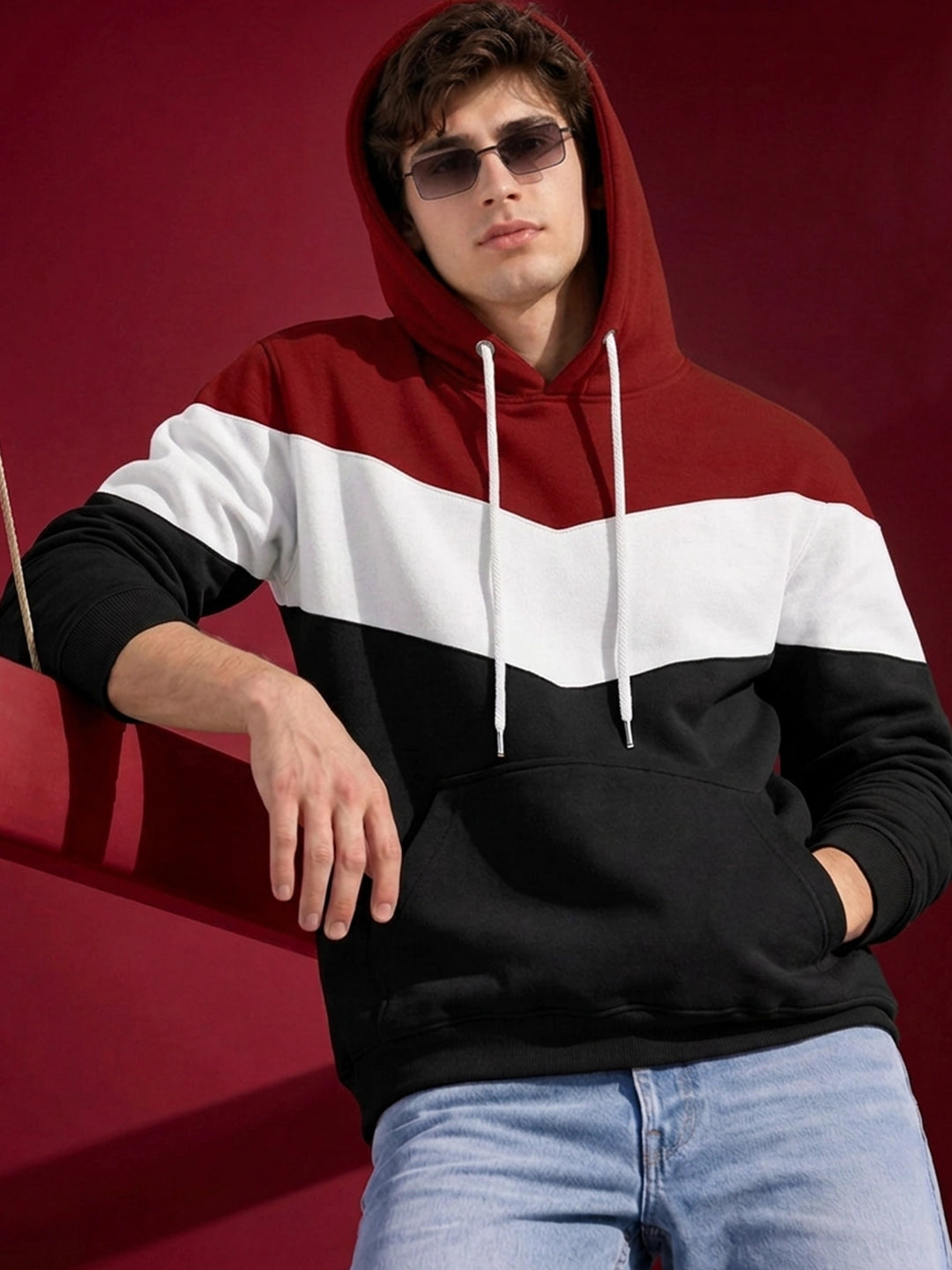 Leotude Maroon White and Black Colorblock Hooded Sweatshirt for Men