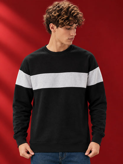 Leotude Men's Black & Grey Melange Colourblocked Sweatshirt