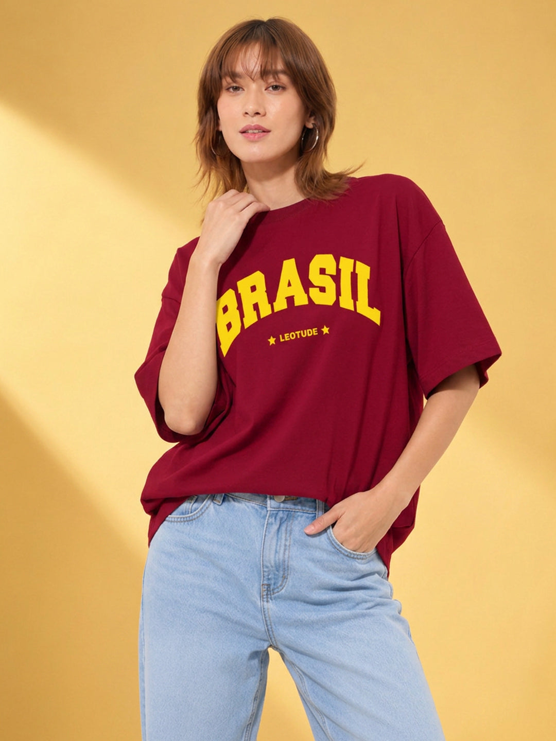 Leotude Maroon Brasil Printed Oversized Tshirt for Women