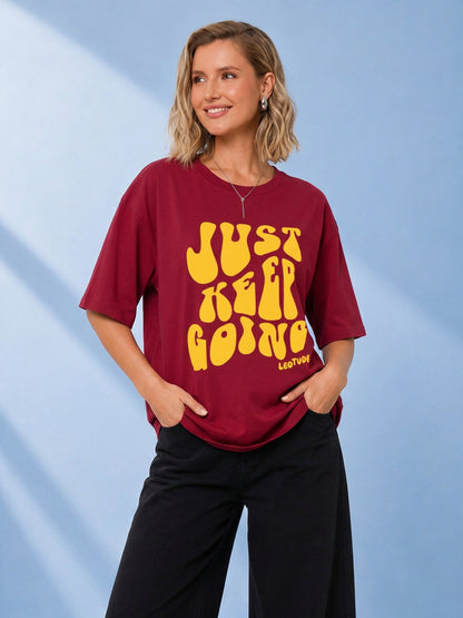 Leotude Maroon Going Printed Oversized Tshirt for Women