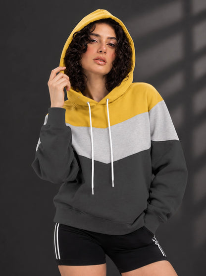 Leotude Women's Yellow, Grey & Anthracite Colourblocked Hooded Sweatshirt