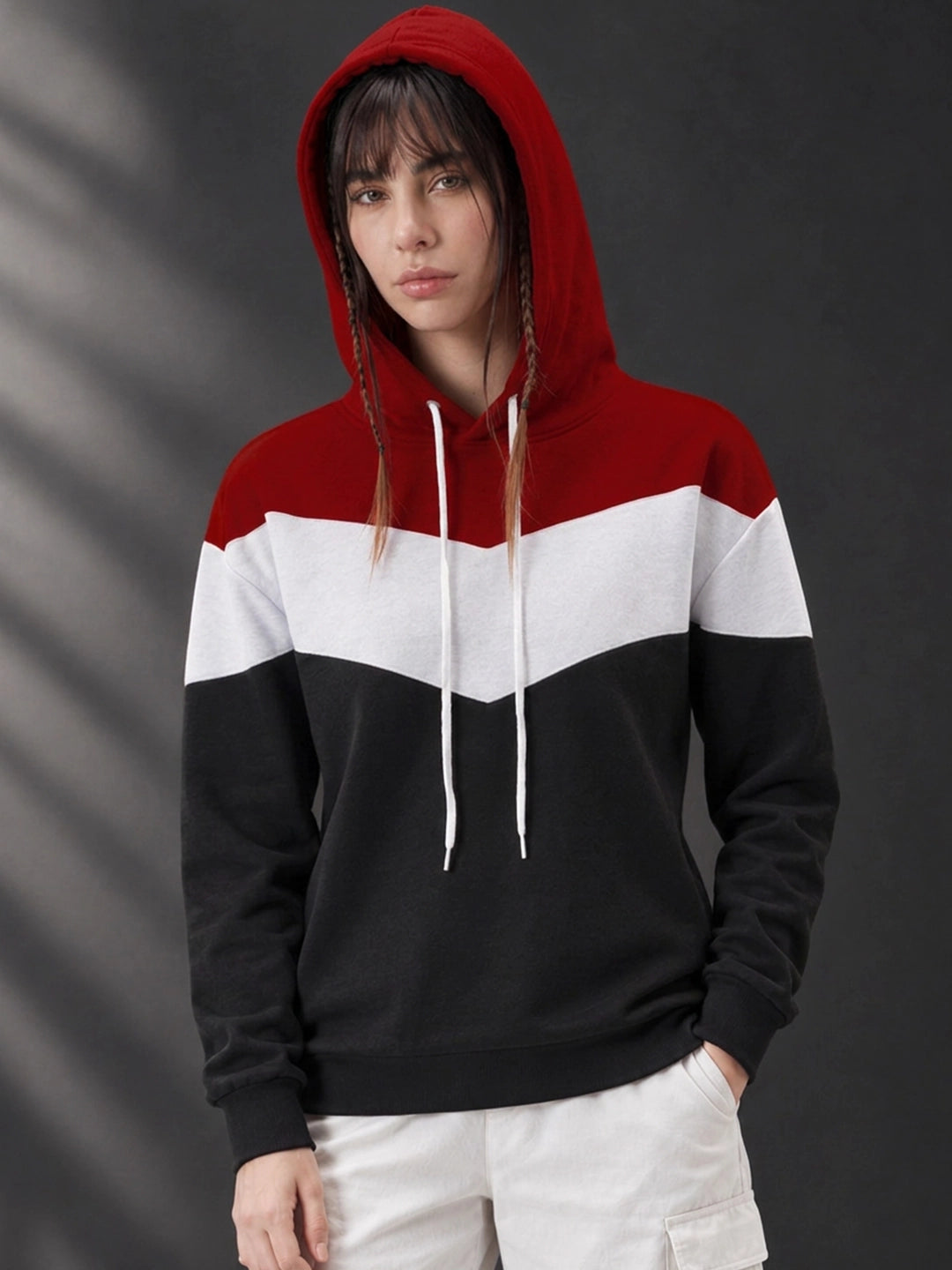 Leotude Women's Maroon, White & Black Colourblocked Hooded Sweatshirt