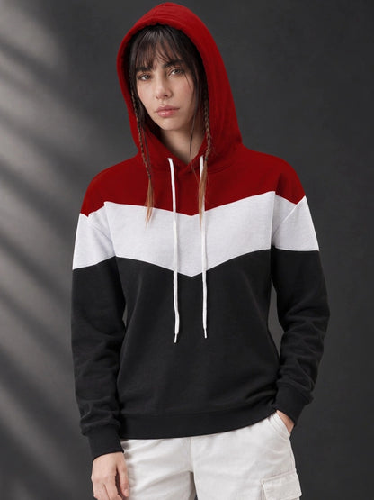 Leotude Women's Maroon, White & Black Colourblocked Hooded Sweatshirt
