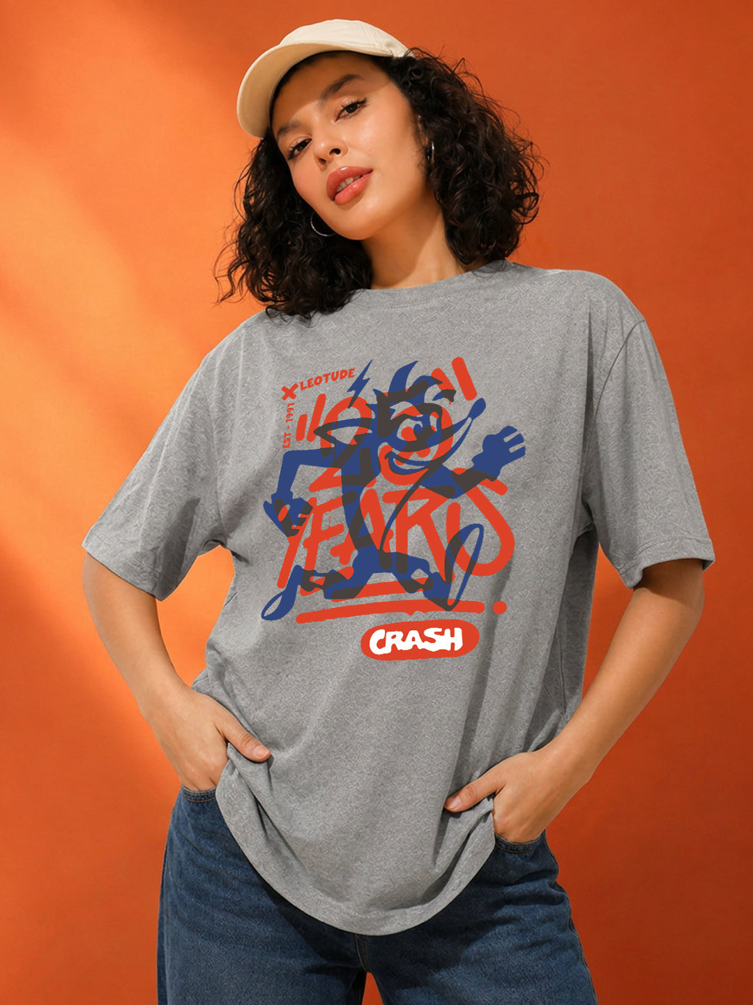 Leotude Women's Crash Graffiti Printed Grey Oversized T-Shirt