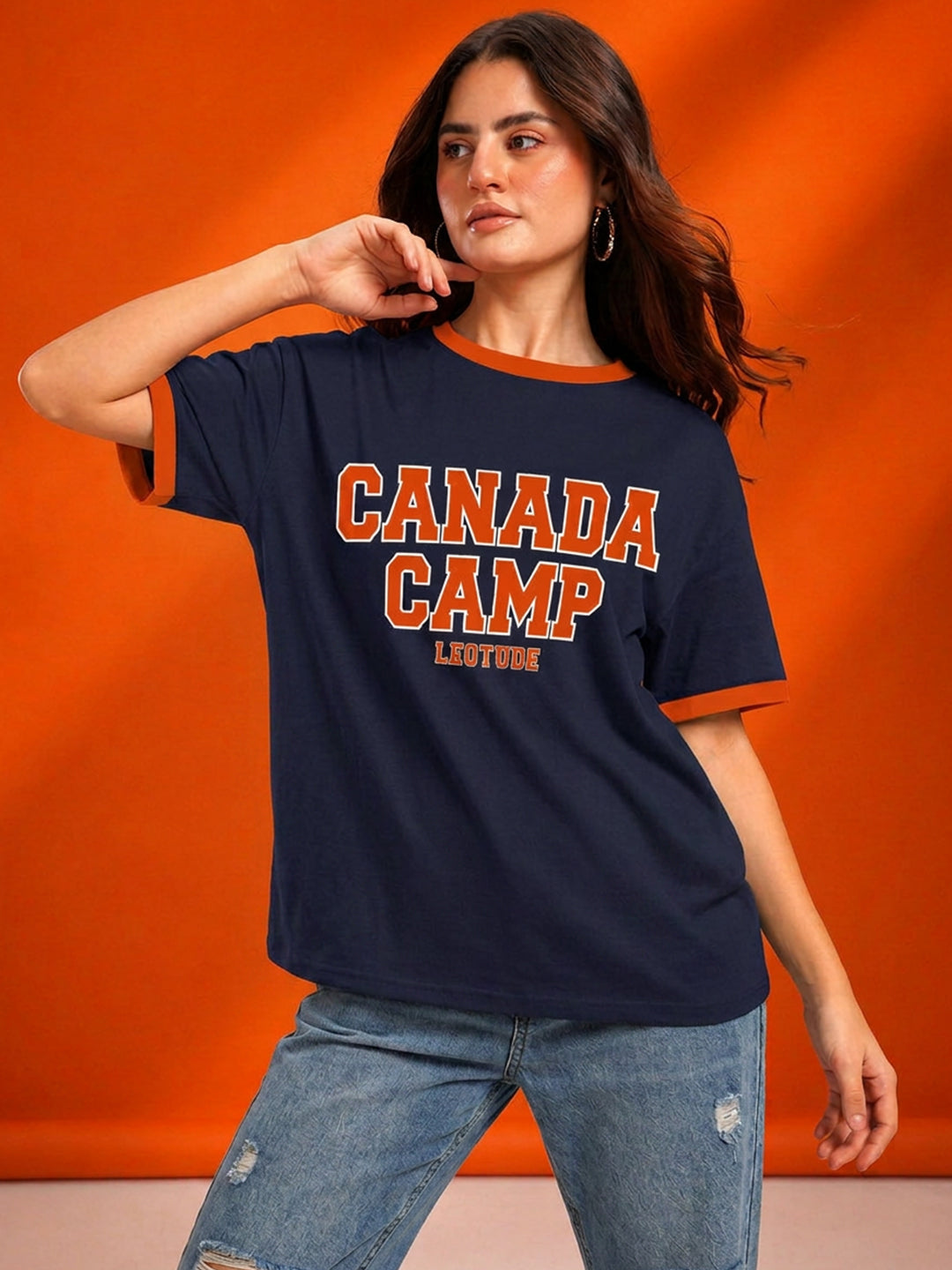 Leotude Navy Canada Camp Printed Oversized Tshirt for Women