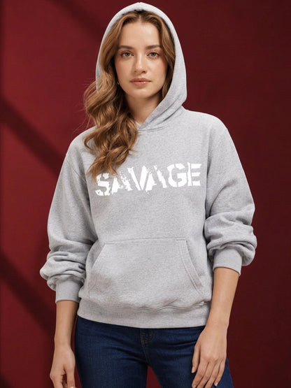 Leotude Women's Grey Melange Savage Printed Hooded Sweatshirt