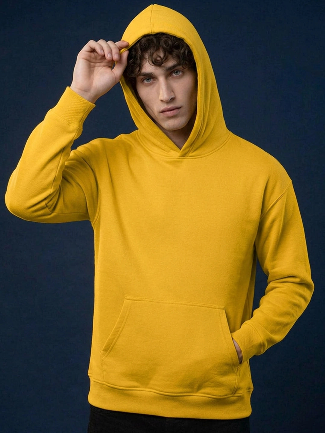 Leotude Mustard Yellow Solid Hooded Sweatshirt for Men