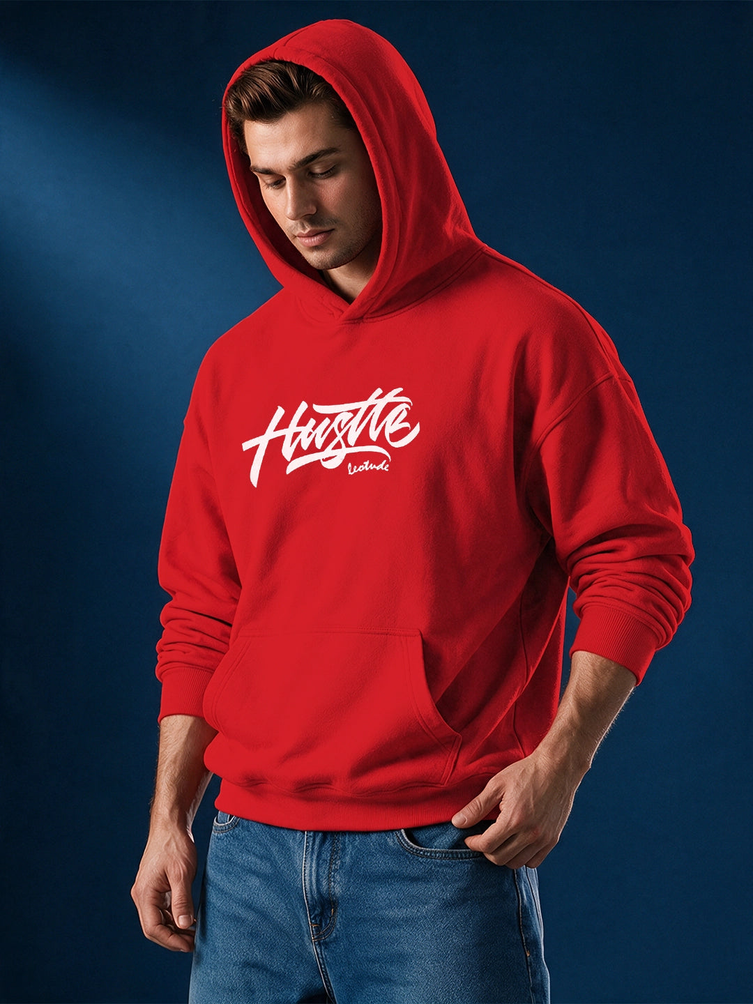 Leotude Red Hustle Typography Printed Hooded Sweatshirt for Men