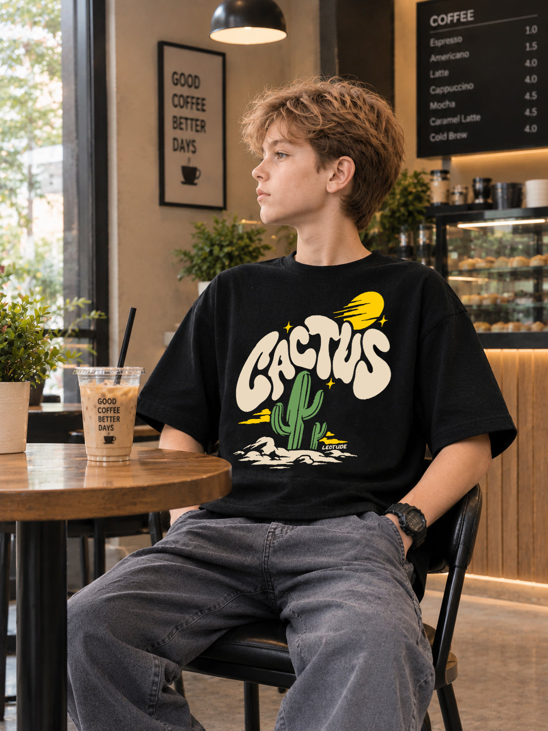Leotude Boys' Black Cactus Printed T-Shirt