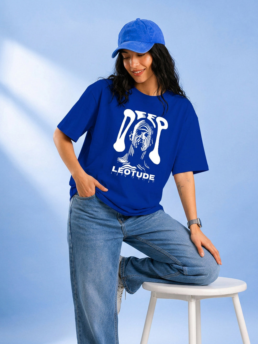 Leotude Blue Deep Printed Oversized Tshirt for Women