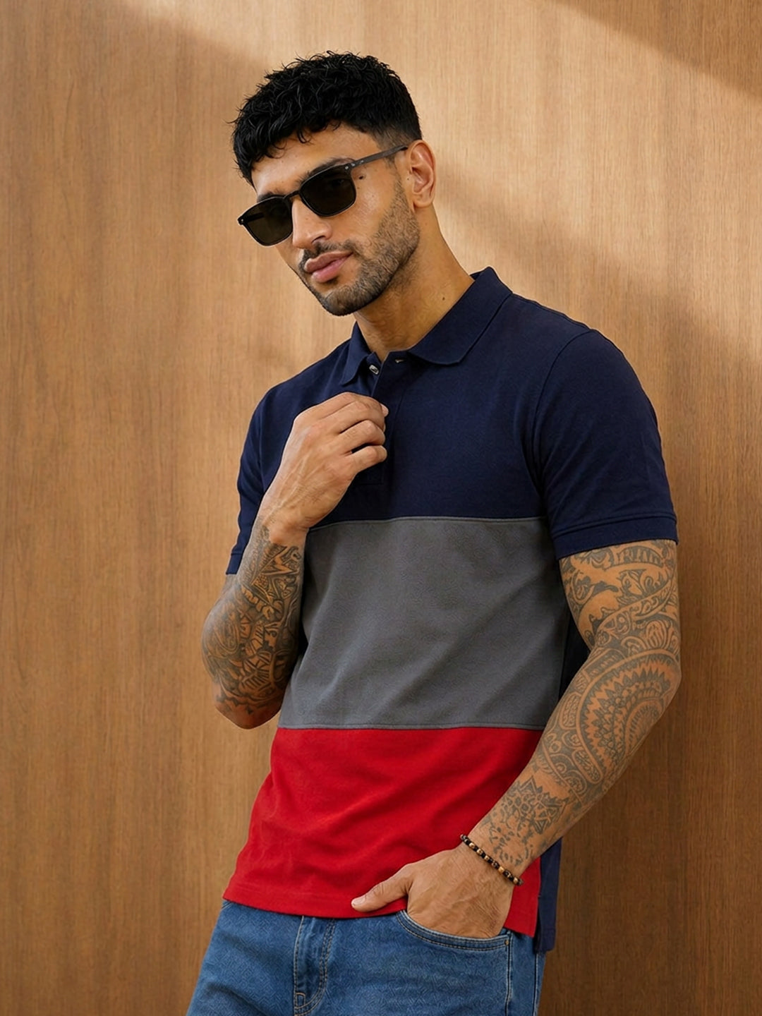 Leotude Men's Navy Grey Red Colour Block Polo T-Shirt