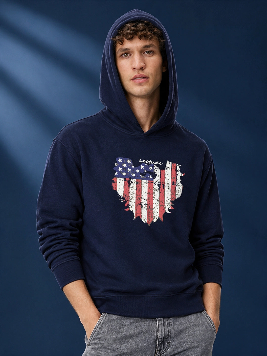 Leotude Navy Blue American Flag Graphic Printed Hooded Sweatshirt for Men