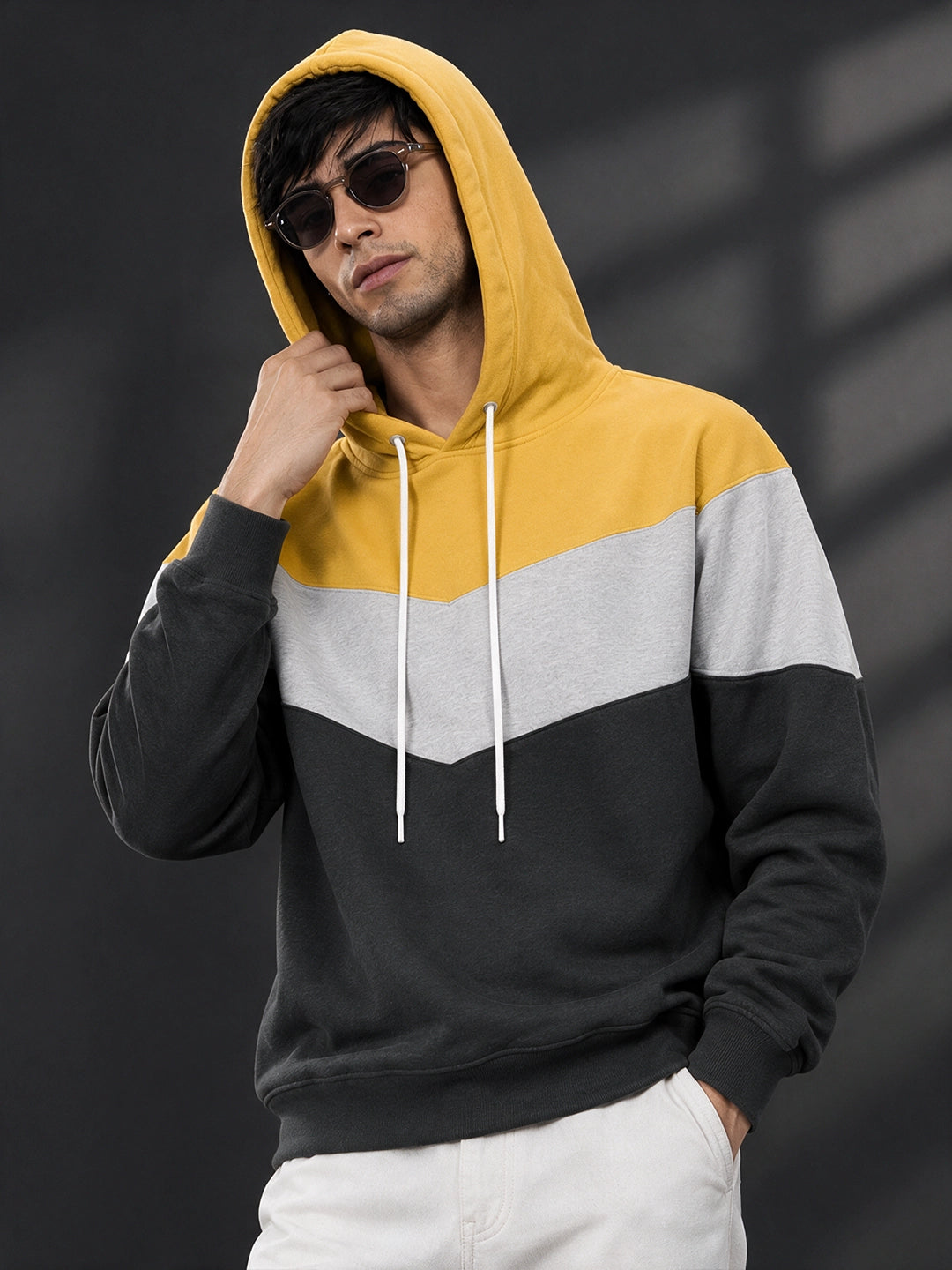 Leotude Yellow Grey and Anthracite Colorblock Hooded Sweatshirt for Men