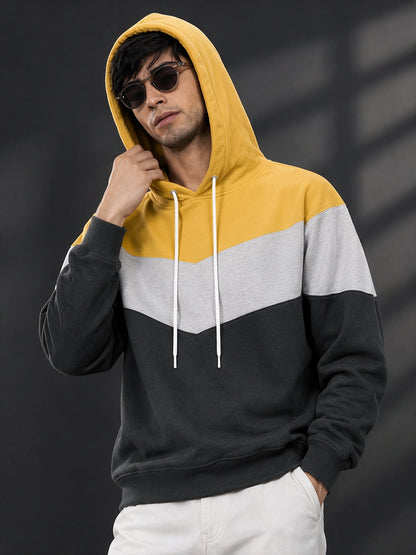 Leotude Yellow Grey and Anthracite Colorblock Hooded Sweatshirt for Men