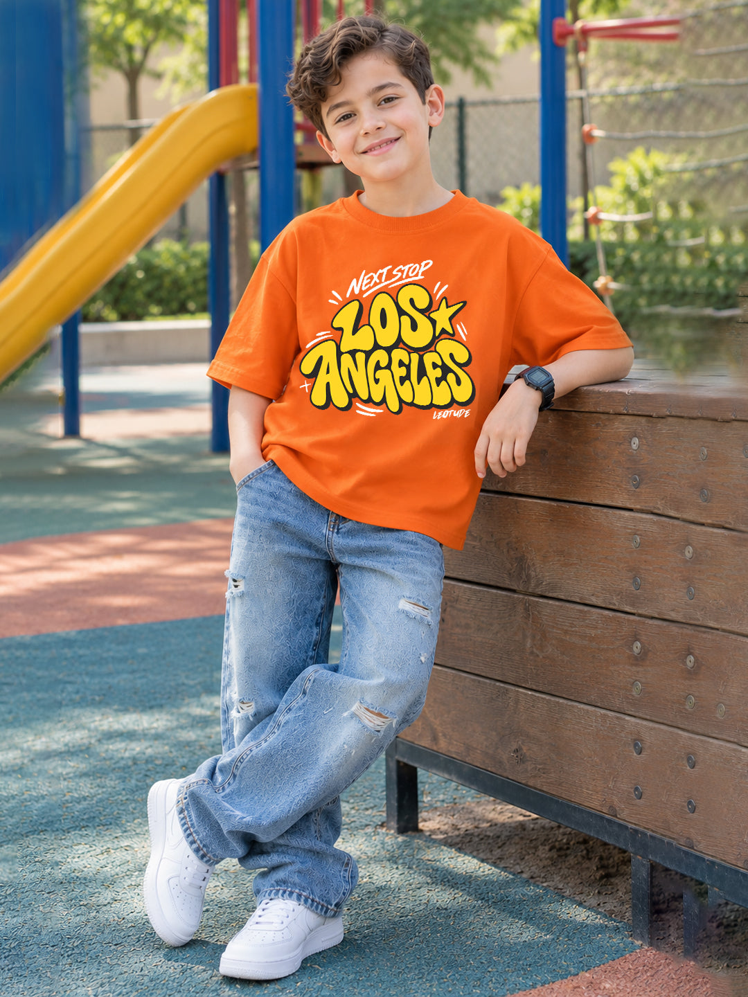 Leotude Boys' Orange Next Stop Los Angeles Printed T-Shirt