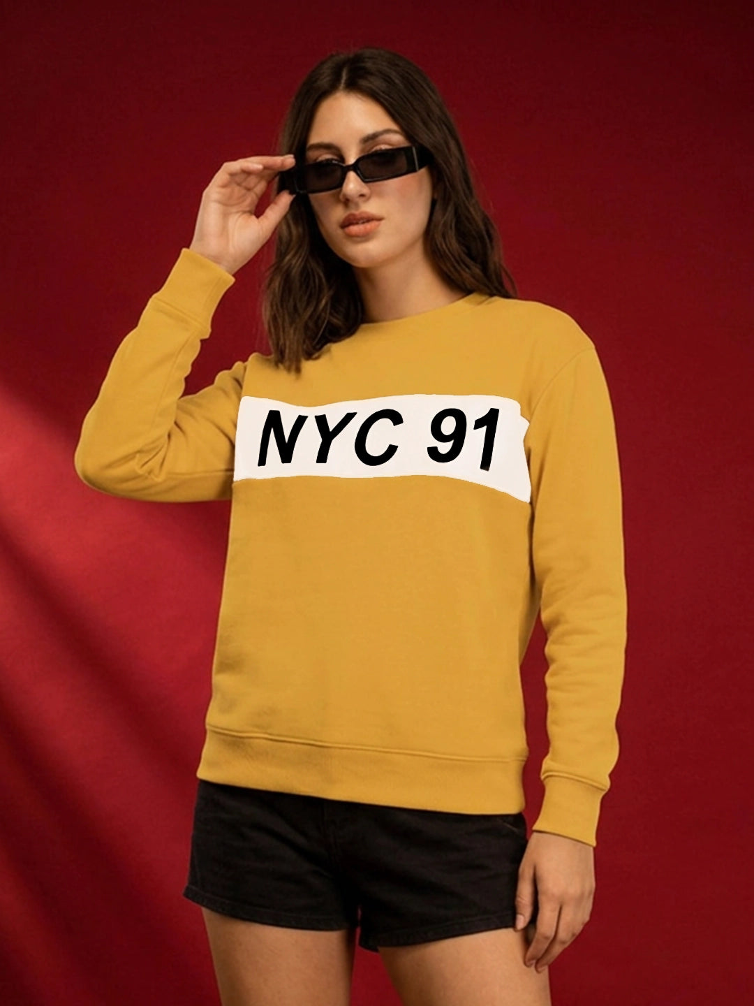 Leotude Women's Mustard Yellow NYC 91 Printed Round Neck Sweatshirt