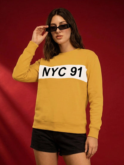 Leotude Women's Mustard Yellow NYC 91 Printed Round Neck Sweatshirt